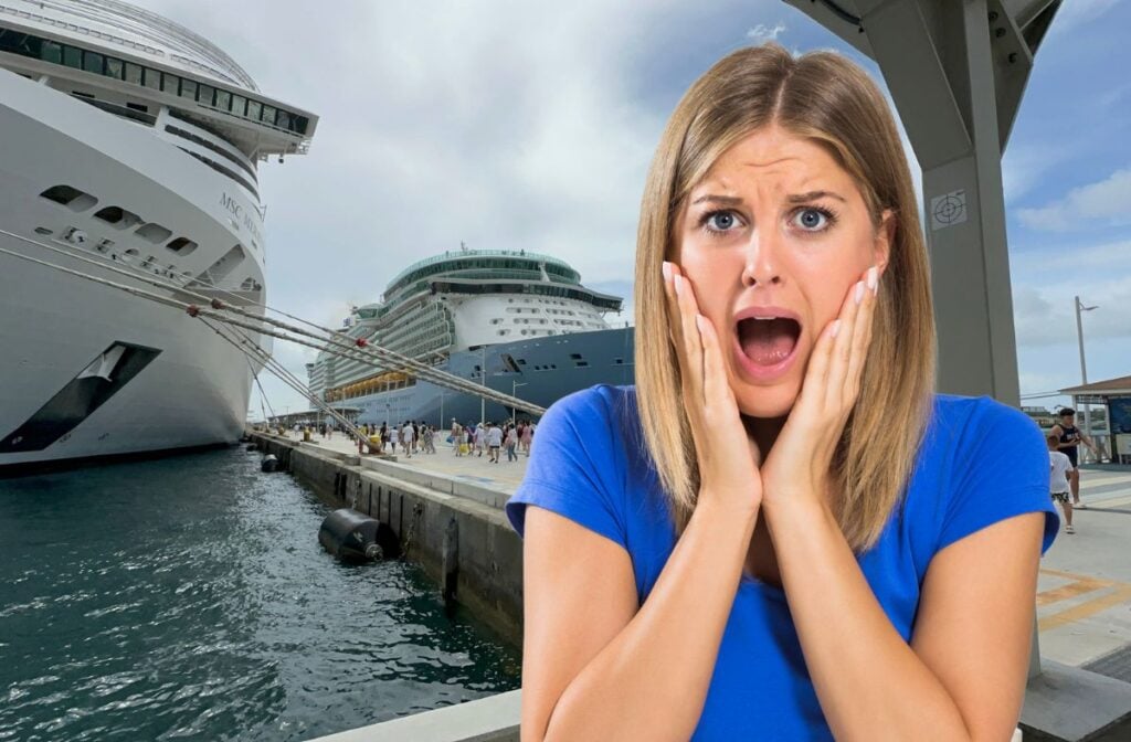 woman panic in front of cruise ships